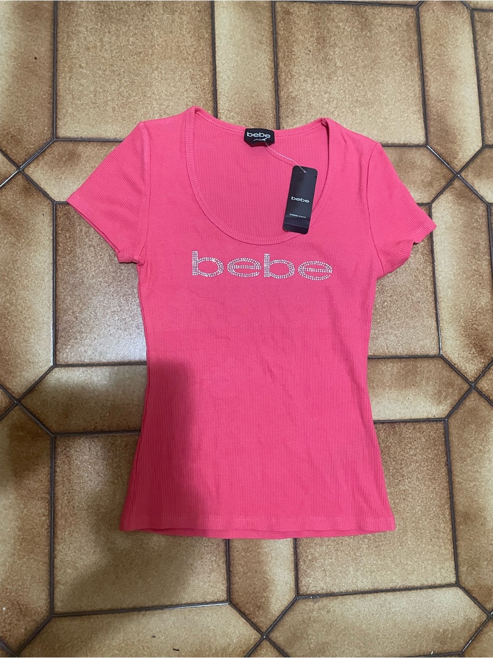 bebe Hot Pink Short Sleeve Crystal Logo Ribbed Tee